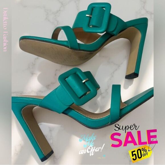 Women’s Green buckle open toe slip on high heels shoes, size 8 - Picture 1 of 8